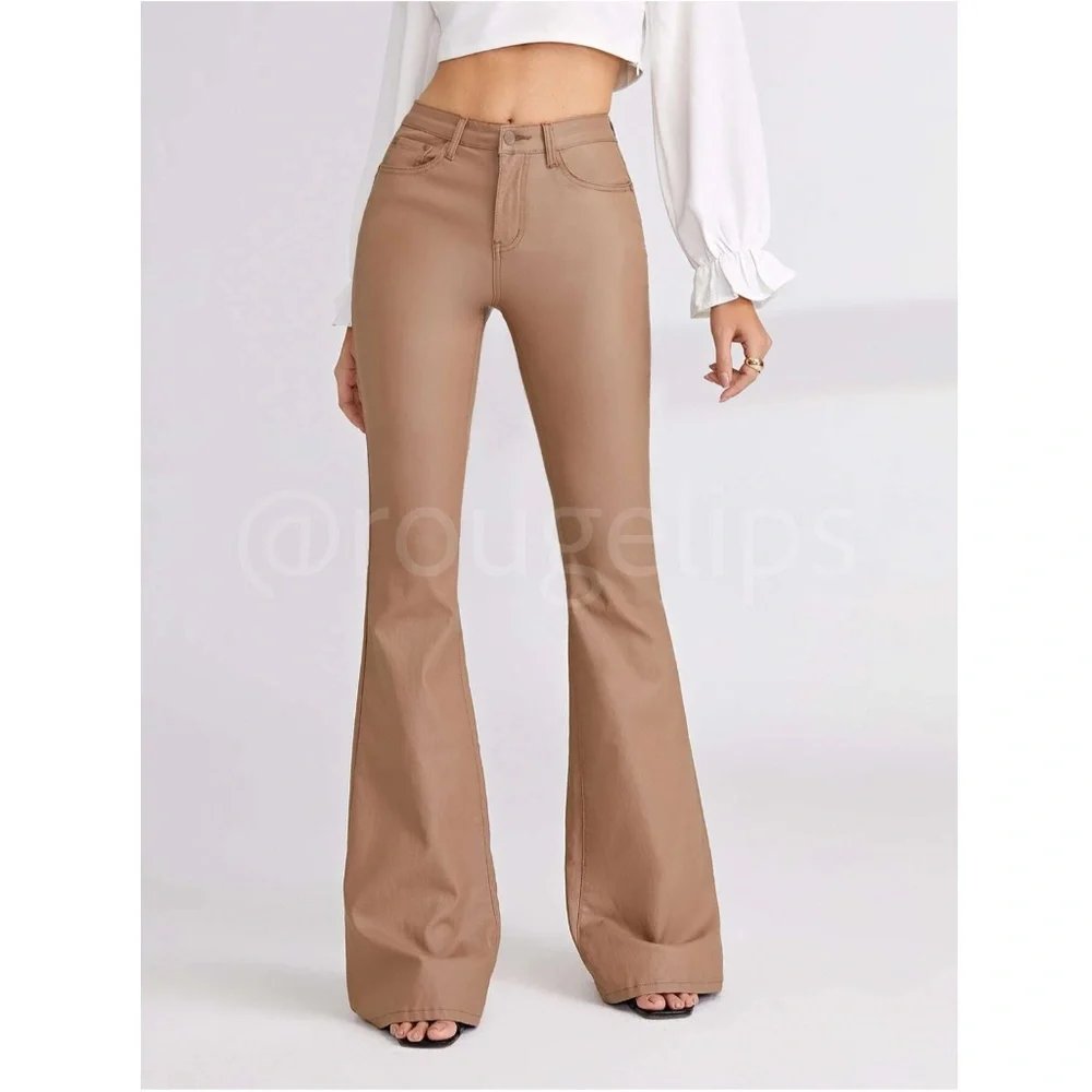 Tan Faux Leather Wax Coated Jeans Flared Leg Bell Bottom High Waist - Picture 1 of 15